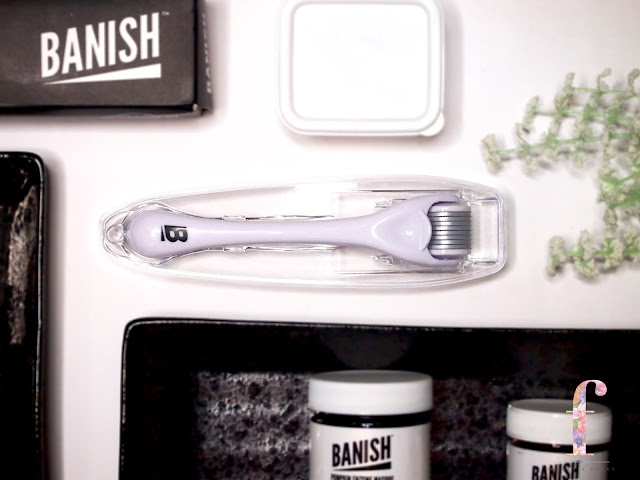 BANISH ACNE SCARS KIT REVIEW Banish Acne Scars uses organic and homemade ingredients which is safe and should work for everyone. The derma roller create micro channels for better absorption of serum so that it works effectively and also it increase the collage production where it will help to improve the texture of your skin. The derma roller has 540 needles with 0.5m length. The Vit C helps to heal acne scars, wrinkles and uneven texture. it is also contains vit.e and ferulic acid to prevent signs of aging. The pumpkin enzyme mask, is to clear acne and gently exfoliating the skin to decrease the appearance of the scars and uneven skintone. The Charcoal clay mask comes in a powder form with an activate charcoal and montmorrilonite clay to absorb the oil, blue green algae powder and allantoin to reduce irritation and tea tree and zinc oxide to treat acne.