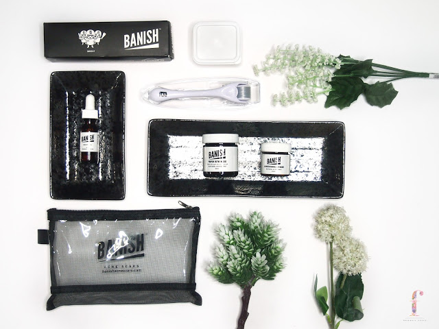 BANISH ACNE SCARS KIT REVIEW Banish Acne Scars uses organic and homemade ingredients which is safe and should work for everyone. The derma roller create micro channels for better absorption of serum so that it works effectively and also it increase the collage production where it will help to improve the texture of your skin. The derma roller has 540 needles with 0.5m length. The Vit C helps to heal acne scars, wrinkles and uneven texture. it is also contains vit.e and ferulic acid to prevent signs of aging. The pumpkin enzyme mask, is to clear acne and gently exfoliating the skin to decrease the appearance of the scars and uneven skintone. The Charcoal clay mask comes in a powder form with an activate charcoal and montmorrilonite clay to absorb the oil, blue green algae powder and allantoin to reduce irritation and tea tree and zinc oxide to treat acne.