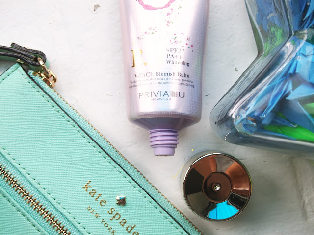 PRIVIA U V-FACE BLEMISH BALM WHITENING REVIEW PRIVIA U V-FACE BLEMISH BALM WHITENING works best for a pink undertone skin. It brightens and whitens the skin complexion giving it a radiant glow result. it has a thick creamy consistency that gives a high coverage on the dark spots, uneven skin tone and fine lines. It says it helps to make the skin face into a V-shape.