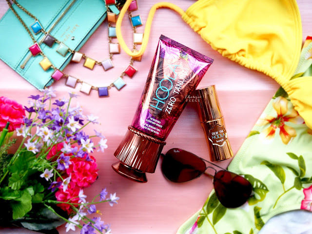 BENEFIT COSMETICS HOOLA ZERO TAN LINES AND DEW THE HOOLA REVIEW Dew The Hoola is a liquid bronzer for your face. This product is very lightweight, it spread easily but you do need to be able to blend it into your skin quite quickly. The color pigmentation is low to middle.This face bronzer gives a very natural tan onto my skin and doesnt leave any harsh line. Hoola Zero Tan Lines is not a self tanner but it is a body- bronzer for a quick and instant way to get your body tanned with healthy glow. The texture of this product is a gel like. A dark brown transparent gel like. The texture is lightweight, it is not sticky and it is build-able. It feels wet at first but once it is blended into the skin, it doesnt feel anything.