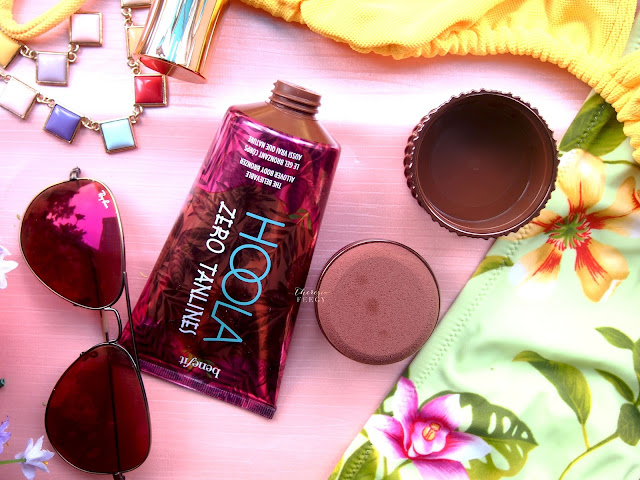 BENEFIT COSMETICS HOOLA ZERO TAN LINES AND DEW THE HOOLA REVIEW Dew The Hoola is a liquid bronzer for your face. This product is very lightweight, it spread easily but you do need to be able to blend it into your skin quite quickly. The color pigmentation is low to middle.This face bronzer gives a very natural tan onto my skin and doesnt leave any harsh line. Hoola Zero Tan Lines is not a self tanner but it is a body- bronzer for a quick and instant way to get your body tanned with healthy glow. The texture of this product is a gel like. A dark brown transparent gel like. The texture is lightweight, it is not sticky and it is build-able. It feels wet at first but once it is blended into the skin, it doesnt feel anything.